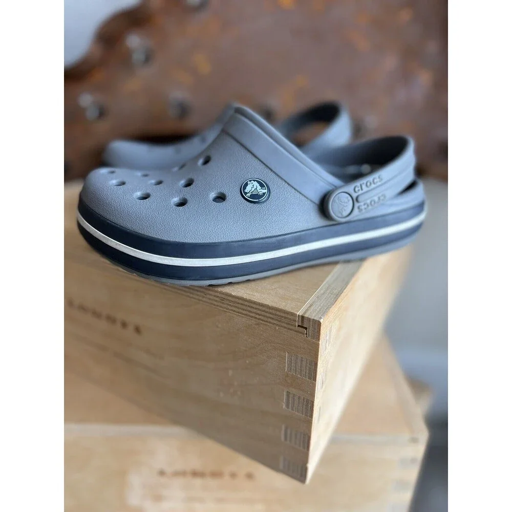 Crocs Crocband Smoke Gray Navy Clogs Water Shoes Size US 3 J3 Casual Sandals EUC